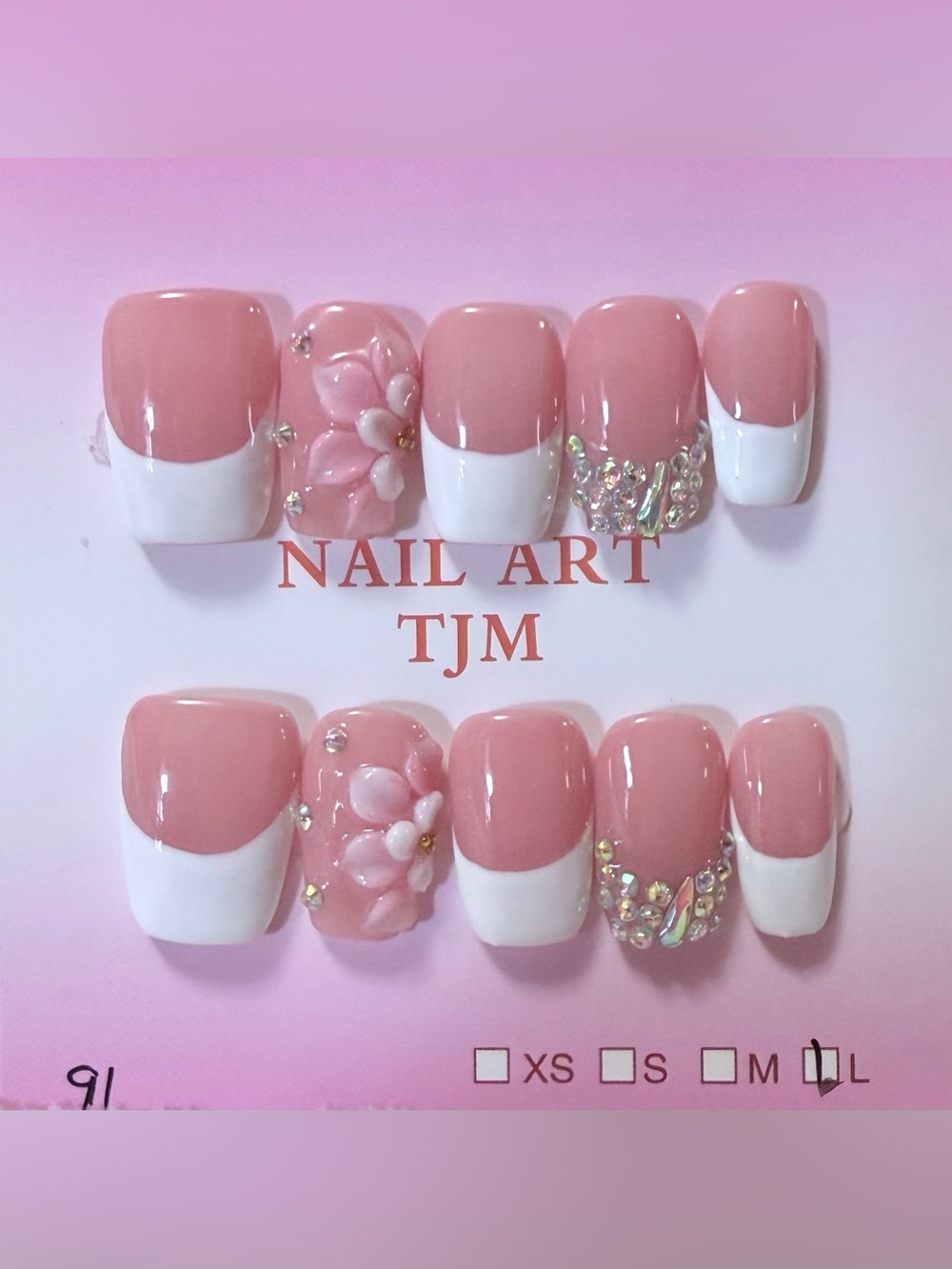Pink & White Floral French Press-On Nails